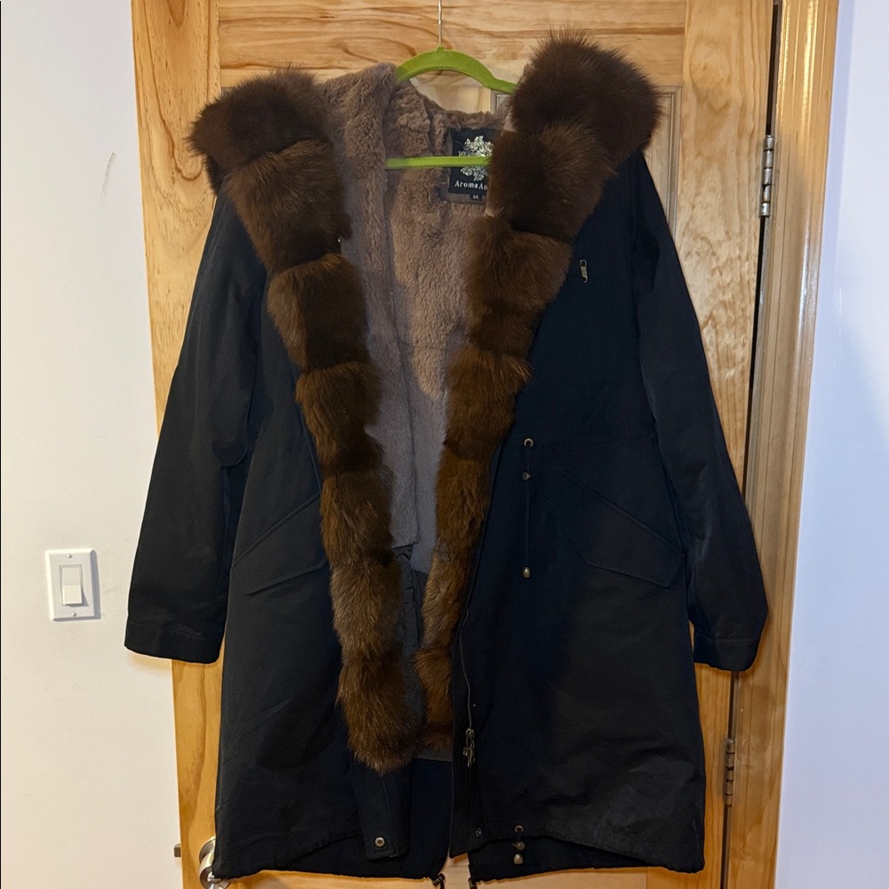 Women's Black Fur-Trimmed Parka XL